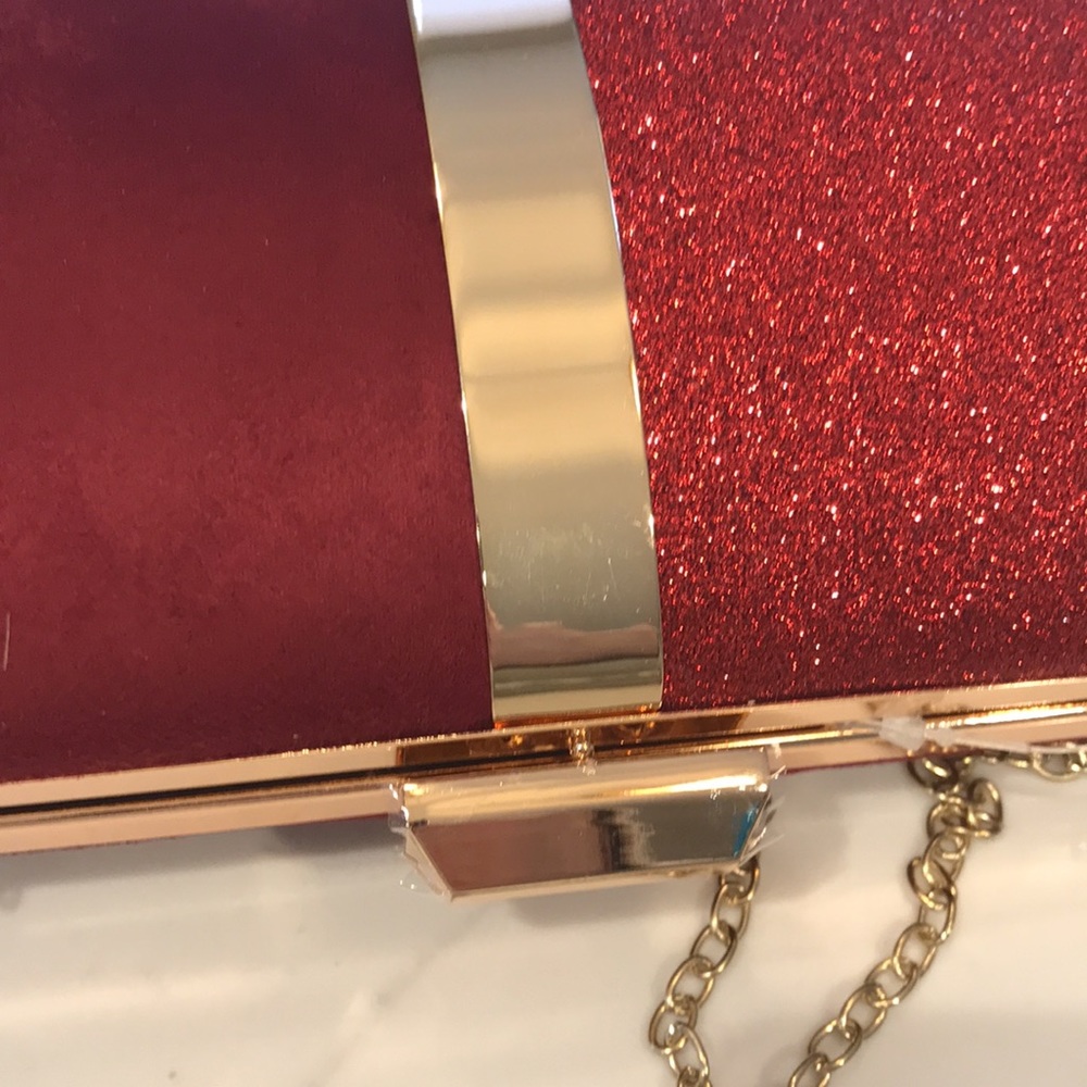 Red sequin/velvet clutch with gold detachable chain shoulder strap